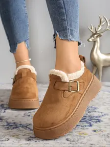 Women's Winter Warm Fleece Lined Cotton Shoes, New Thick Sole Platform Slip-On Fur Boots, Vintage Buckle Decor Snow Boots, Fluffy Snow Boots