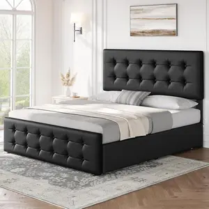 Full Size Bed Frame with 4 Storage Drawers and Headboard Faux Leather Upholstered Platform Bed Frame with Wooden Slats Support Button Tufted Design No Box Spring Needed Black, Bed Frames
