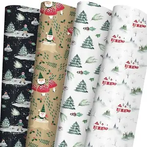 Rustic Christmas Wrapping Paper for Kids, Adults - Winter Xmas Watercolor Gift Wrap With Gnome, Country House and Moshroom on Brown, Black, White - 40×28 Inches, 6 Folded Jumbo Sheets