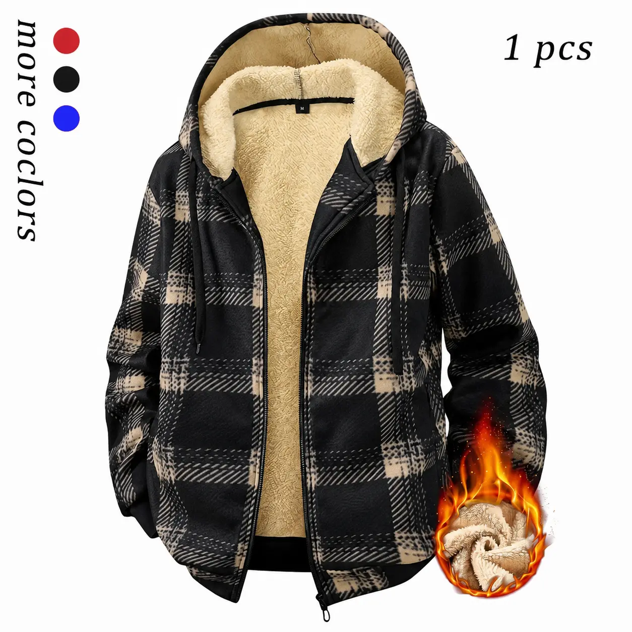 Men's Winter Fleece Plaid Hooded Jacket Outerwear Coats, Vintage Style Outdoor Sports Top, Warm and Cozy, Perfect for Cold Weather