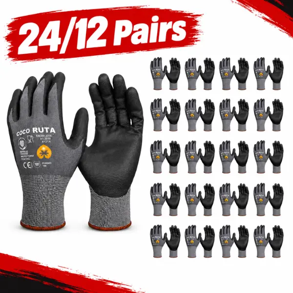 Men’s COCO RUTA 34-874 Safety Gloves (24 Pairs, Sizes M-XL) - Nitrile Foam Grip Palm, Pull-On Cuffs, Dry/Wet/Oil Resistance, Comfortable Fit, Touchscreen Tips, Construction Jobs Gear
