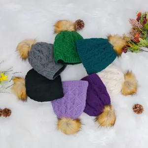 Crocheted Woolen Hats,  Knitted Fleece Lined Wool Hat with  Brown Faux Pompom, Women Beanie Hats, Ski Hat,  Unisex Warm Hats