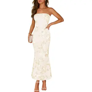 Women's Floral Strapless Maxi Dress Summer Mesh Tube Bodycon Formal Wedding Guest Cocktail Party Long Dresses2026
