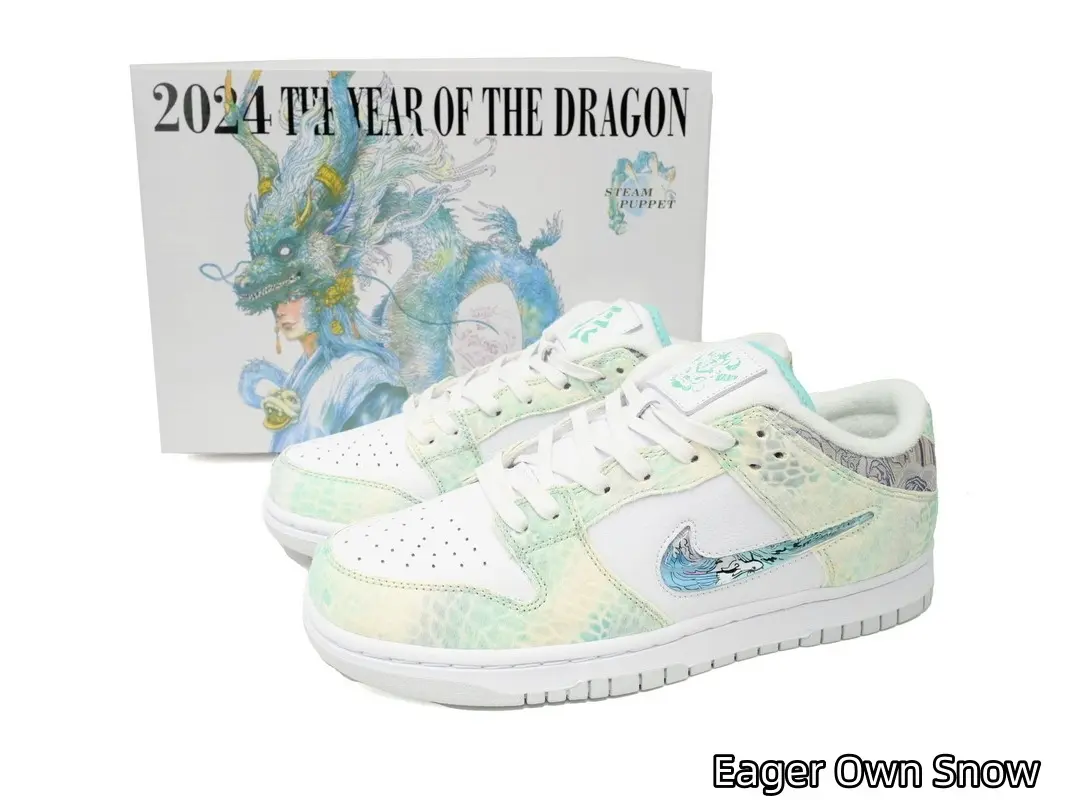 Ink Dragon Printed Flat Skateboard Sneakers | Dual Material Plain White Leather & Dragon Pattern Canvas Patchwork | Light Blue Gradient Side Detail | Slip Resistant White Rubber Bottom | Multi-Scene Daily & Skate Activity Casual Footwear