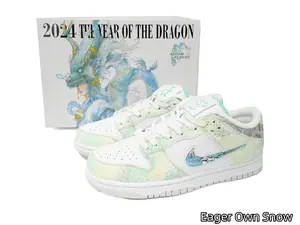 Ink Dragon Printed Flat Skateboard Sneakers | Dual Material Plain White Leather & Dragon Pattern Canvas Patchwork | Light Blue Gradient Side Detail | Slip Resistant White Rubber Bottom | Multi-Scene Daily & Skate Activity Casual Footwear