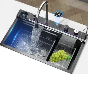 Modern 29.5 INCH Digital Display Embossed Large Single Groove Honeycomb Black Nano Raindance Waterfall Sink with Pressurized Cup Washer and Two Waterfalls