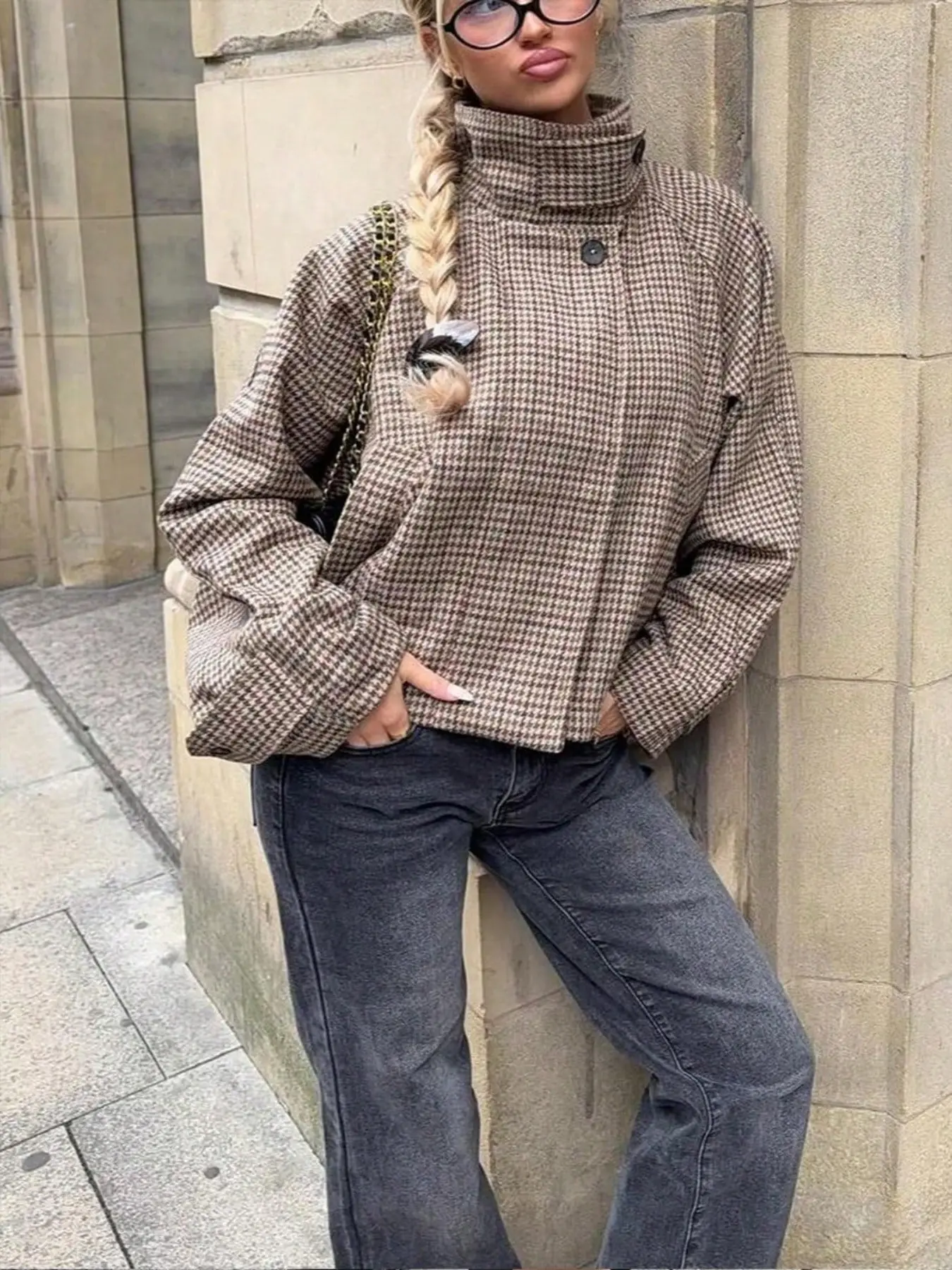 Women's Plaid Houndstooth High Neck Long Sleeve Coat, Elegant Button Front Winter Top, Casual Loose Fit Oversized Outerwear for Fall, Stylish Ladies' Jacket, Casual Fashionable Outerwear