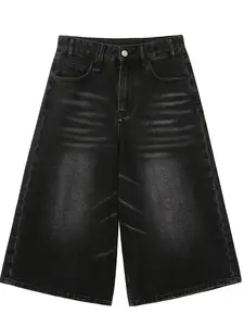 Men's Trendy Loose-Fit Distressed Denim Capris – Wide-Leg Cropped Jeans with Pockets, Casual Streetwear Style Cotton Menswear