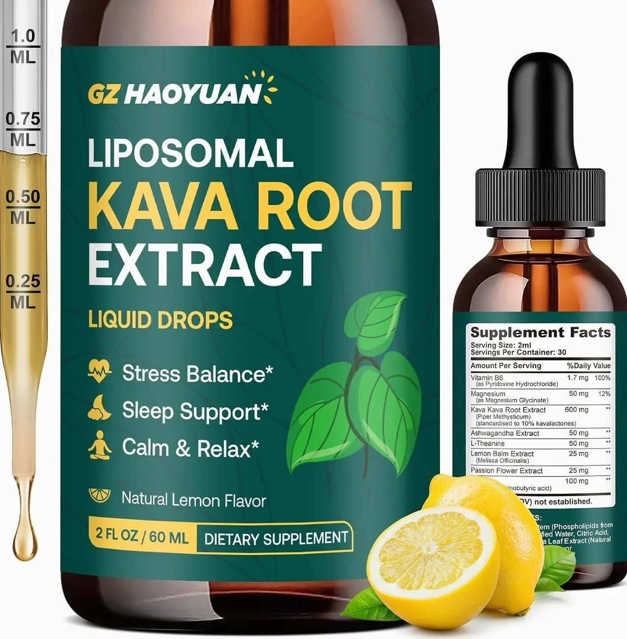 Liposomal Kava Kava Drops for Calming & Relaxation – Kava Root Extract Supplement with GABA, Ashwagandha & Magnesium - Support Mood & Better Sleep, Fast-Absorbing Vegan Kava Liquid Drops Lemon 2 Fl Oz