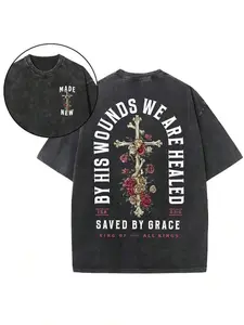 Heavyweight 230gsm Double-Sided Washed Cotton T-Shirt - Cross & Verse Print (Psalm 23:1, Romans 5:8) - Faith-Based Casual Tee with Wax-Resistant Back Design, All-Season Round Neck Shirt for Church & Casual Atti