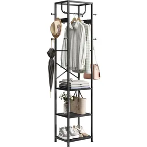 Coat Rack Freestanding, Hall Tree with 3 Storage Shelves and 12 Hooks, Metal Clothes Rack Stand Organizer for Bedroom, Hallway, Entryway, Office, Living Room, Black