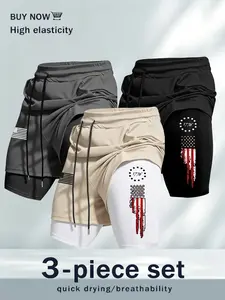 Men's Summer Quick-Dry Sport Shorts, 3-Pack, Anti-Exposure, Dual-Layer Design, Patriotic Flag Pattern, Ideal for Outdoor Fitness, Athletic Shorts Set