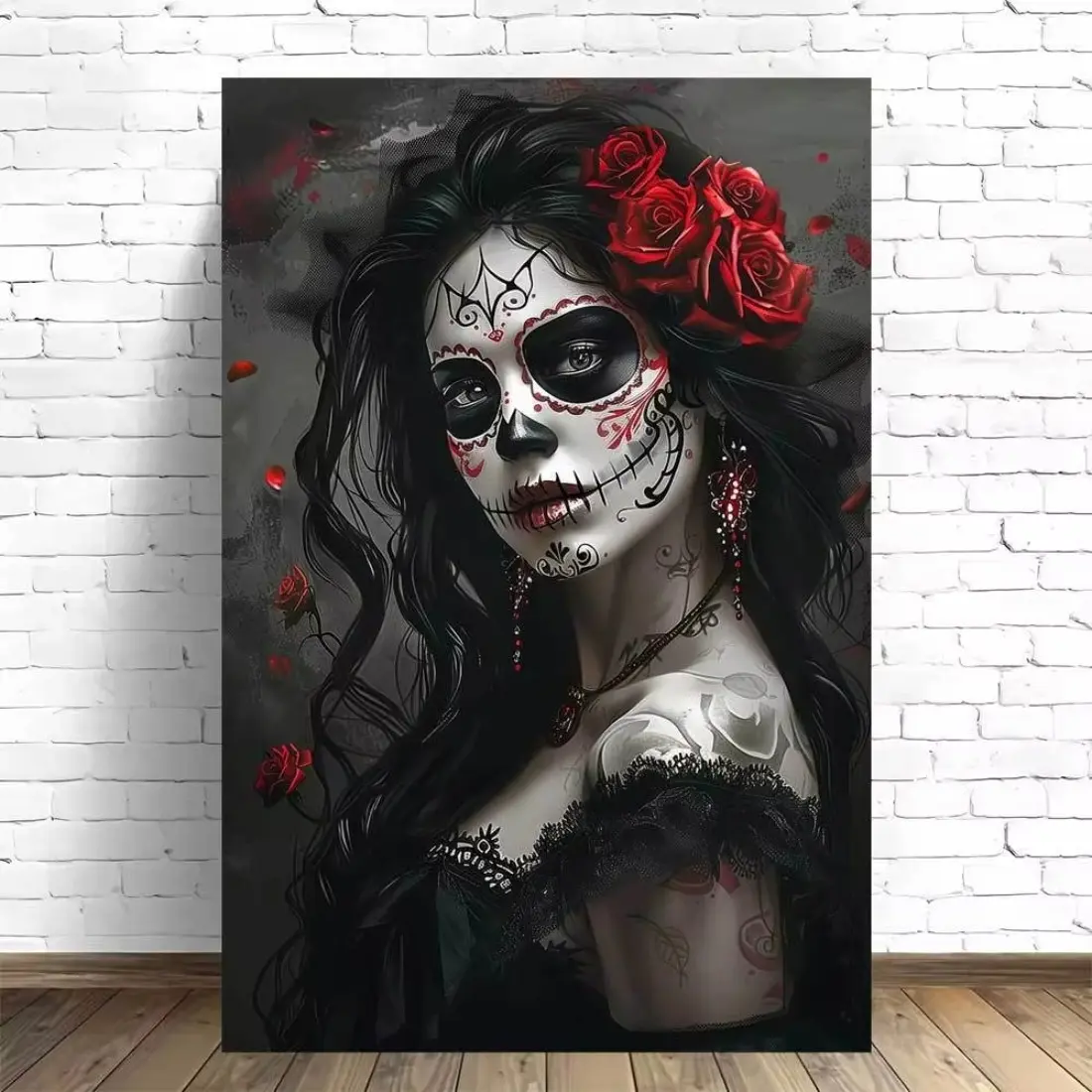Gothic Style Artistic Canvas Wall Art, Sugar Skull Decor for Home Office Bar Cafe Bedroom, Perfect for Halloween Day of the Dead