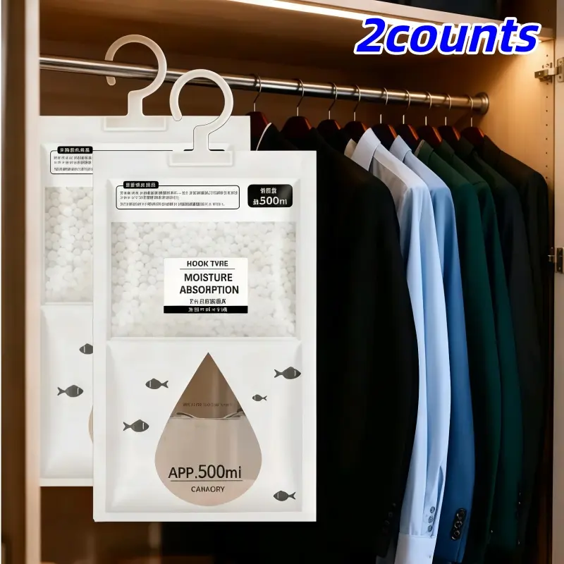 2 Pack Hanging Moisture Absorber Bags, Reusable Absorbent Dehumidifier for Cabinets and Closets, Effective Humidity Control Solution for Home Dorm Hotel