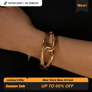 CW Gold Tone Chunky Link Statement Bracelet | Trendy Interlocking Bangle | Alloy Fashion Jewelry Gift | Outdoorfun Trending