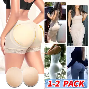 1-2 Pack Butt Lifter Padded Lace Panties for Women Hip Enahncer Body Shaper Boyshort Underwear, Lady Body Shaper Boyshorts Lace Underwear , Black Beige Oversize S-3XL