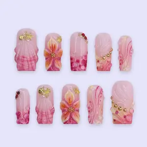 Spring Blush Seashell Press On Nails | Pink Floral & Starfish Design in Medium Square | Handmade 3D Nail Art Set