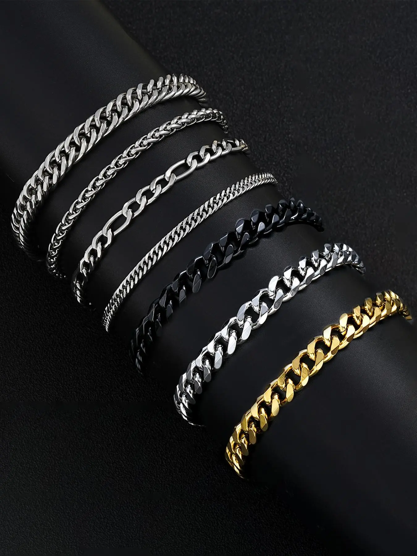 7-Piece Stainless Steel Men's Bracelet Set, Bracelet Bundle, Link Bracelets, Bracelet Jewelry, Fashion Streetwear Hip-Hop Simple Cuban Chain, Daily Party Gift for Boyfriend Son Birthday Father's Day