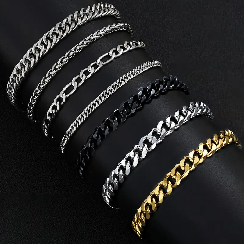Men's 7-Piece Stainless Steel Link Bracelet Set, Bracelet Jewelry, Fashion Bracelet Bundle, Streetwear Hip-Hop Simple Cuban Chain, Ideal Gift for Boyfriend & Son, Perfect for Daily, Party, Birthday and Father's Day