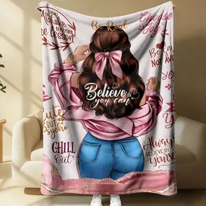 Inspirational Sweet Powerful Women Flannel Blanket,Long Hair Tied Bow Pink Off-The-Shoulder Top Blue Jeans Cover Blanket, Soft Fluffy Warm Blanket,Outdoor Sports Blanket,Gift Blanket, Suitable Living Rooms,Sofas,Offices,Camping,Travel.