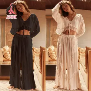 Women’s 2 Piece Pajama Set Long Sleeve Tie-up Front Crop Tops + Pants Set Loungewear