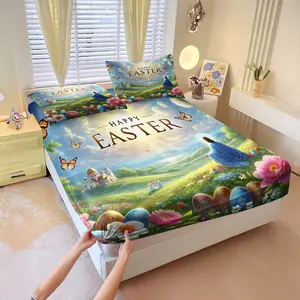 Sacred Easter 3 Pcs fitted sheet set, including 2 coreless pillowcases, strong wrapping, a sacred meadow background adorned with flowers, Easter eggs & butterflies, creates a tranquil & refined bedroom atmosphere, soft & comfortable bedding.