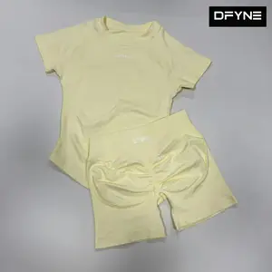 DFYNE Women’s Crew Neck Workout T-Shirt & Shorts Set Gym Yoga Activewear Outfit