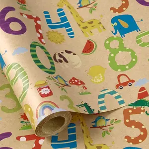 Shower Wrapping Paper Roll - 17 Inches x 16.4  - Colorful Cartoon Number Design on  Paper - for Boy or Neutral  Wrapping, ' Birthday Party and  Shower