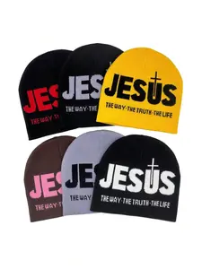 Y2K Style "JESUS" Jacquard Personalized Streetwear Skull Cap, Unisex Knitted Beanie Hat, Suitable For Daily Casual, Outdoor Sports, And Holiday Gifts Fall Outfit - BlueStar