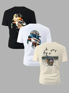 Men's Duck & Bird Print Casual Style Graphic Round Neck Tee, Regular Fit Casual Short Sleeve T-shirt for Summer, Men's Top for Daily Wear, Tropical, Casual Streetwear Looks