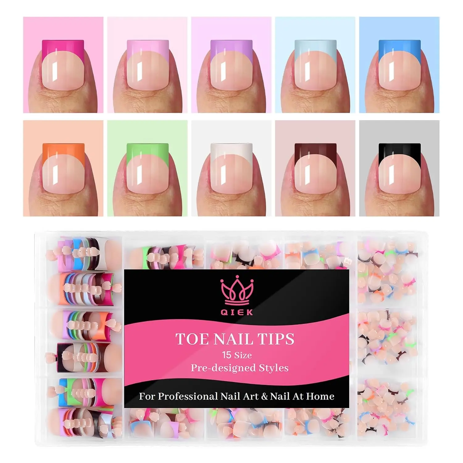 QIEK 300 PCS Toe French Nail Tips 10 Colors