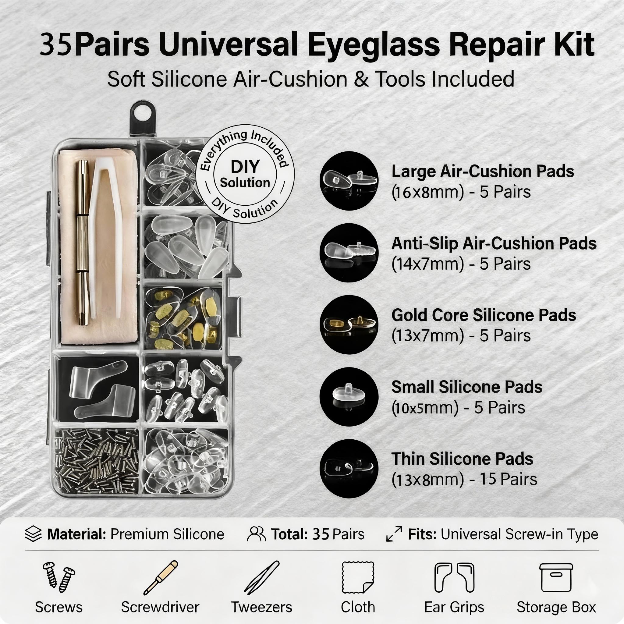 Eyeglass Nose Pads Kit · Upgraded Ultra-Soft Silicone Air Cushion Pads · Non-Slip Screw-in Glasses Repair Kit with Free Tools & Accessories · Perfect for Daily Glasses Wearers · All-Day Comfort for Work & Daily Use