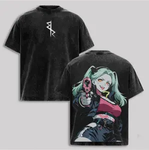 Cyberpunk Edgerunners Rebecca Vintage Washed Graphic T-Shirt - Premium Heavyweight Cotton Oversized Anime Tee - Breathable Streetwear Shirt for Manga Fans and Night City Lovers