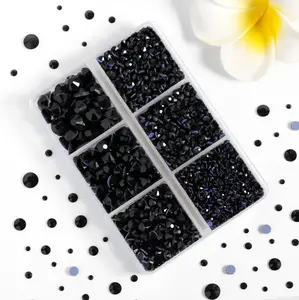 Jet Black Hot Fix Rhinestones Bedazzling Kit - 3960pcs Mixed 5 Sizes (SS6-SS30) for Clothes, Rhinestone Bedazzling Kit with Tweezers and Wax Pencil, Nail Art Decoration Accessory