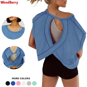 WoodBerry Women's Open Back Workout Tops Oversized Short Sleeve Backless Crop Shirts Casual Yoga Y2k Athletic Gym Slouchy Crop Running Tees