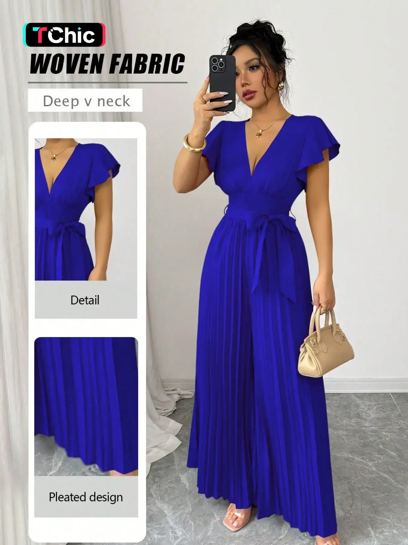New Women's V Neck Pleated Wide Leg Pants, Waist Cinched Fitted Design, Casual Daily Wear, Commuting Party, Young Elegant Style, Chic