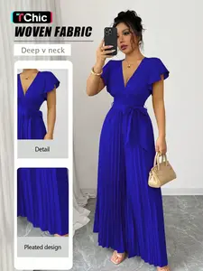 New Women's V Neck Pleated Wide Leg Pants, Waist Cinched Fitted Design, Casual Daily Wear, Commuting Party, Young Elegant Style, Chic