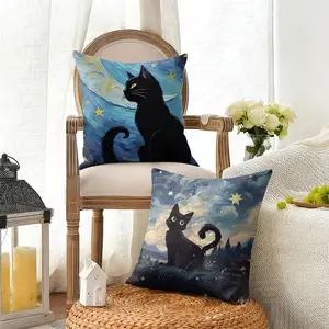 Black Cat cute Cushion Cover Summer Linen Pillow Case Breathable Eco-Friendly Natural Fabric Cushion Cover, Double-Sided Print Decorative Pillow Cover with Invisible Zipper, Durable Sofa Couch Pillowcase for Living Room Home Decor