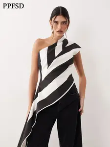 Women's Asymmetric Shoulder Striped Top, Summer New Arrival, Irregular Ribbon Hem, Chic Street Style, Trendy Casual Shirt
