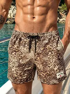 Men's Leopard Print Swim Trunks Quick Dry Drawstring Board Shorts with Pockets Elastic Waist Casual Summer Beach Shorts for Swimming Surfing Pool Party Vacation