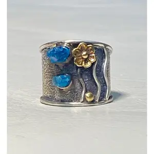 Floral Ring  size 6.75 cigar band boho blue crystal quartz sterling silver women girls
