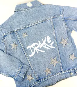 Personalized Custom Jean Denim Jacket Drake r&b rap concert diamond rhinestone star womens girl ladies red black silver gold pink glitter fan tour 2024