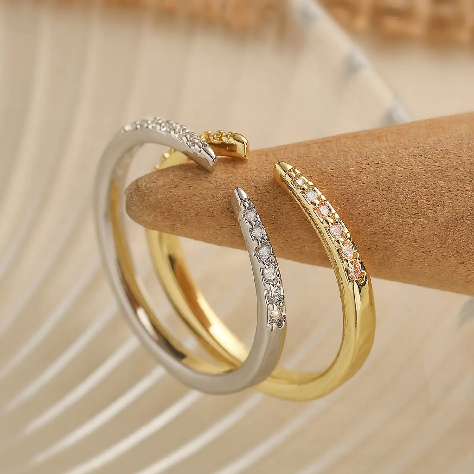 Geometric Minimalist Ring, Gold-Plated Copper Band with Zirconia Accents, Adjustable Open Fit for Unisex Sports Style