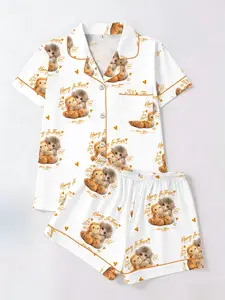 Women's Short Sleeve Shorts Cardigan Pajama Set, Bottom Monkey Punch Cute Monkey Letter Full Print, Casual Home Wear