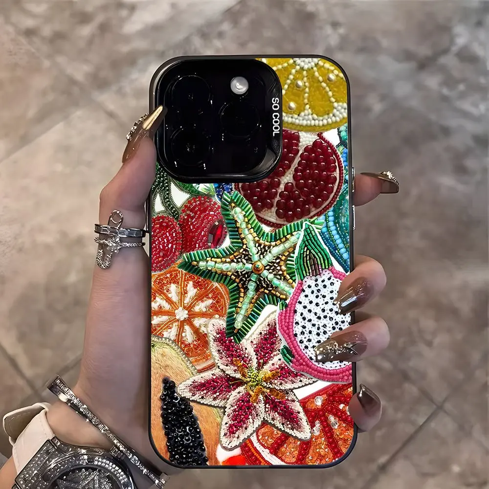 Beaded Embroidery Phone Case for iPhone 16/15/14/13/12/11-PLUS/PRO - Colorful Fruit & Starfish Pattern, Anti-Slip Large-Hole Drop-Proof Smartphone Casing, Stylish Minimalist Handheld Cellphone Devices Accessory, Trendy Holiday Gift