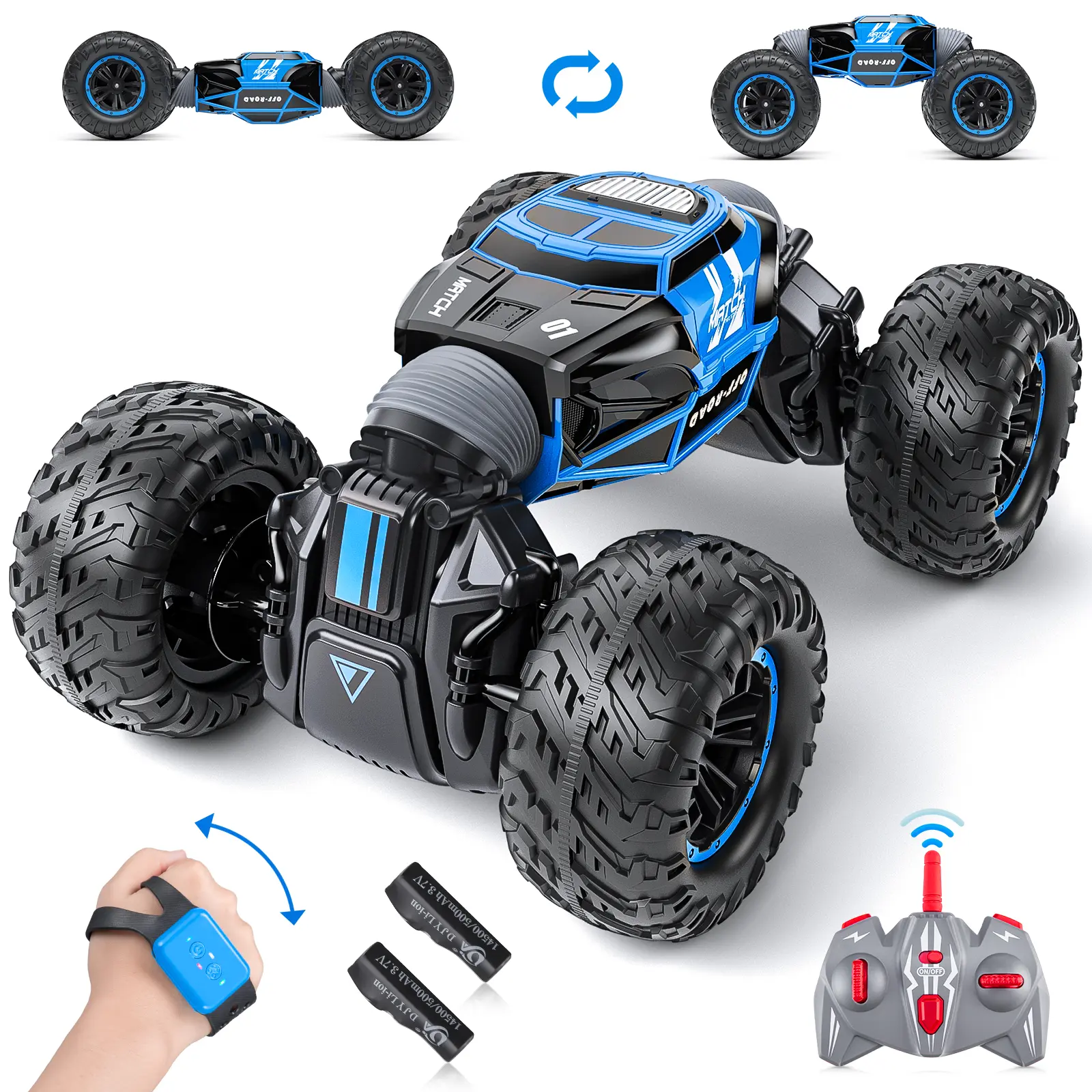 4WD Gesture Sensing RC Stunt Toy Car, 360° Double Sided Flip With LED Lights & Music, 2 Rechargeable Batteries For Kids & RC Hobbyists