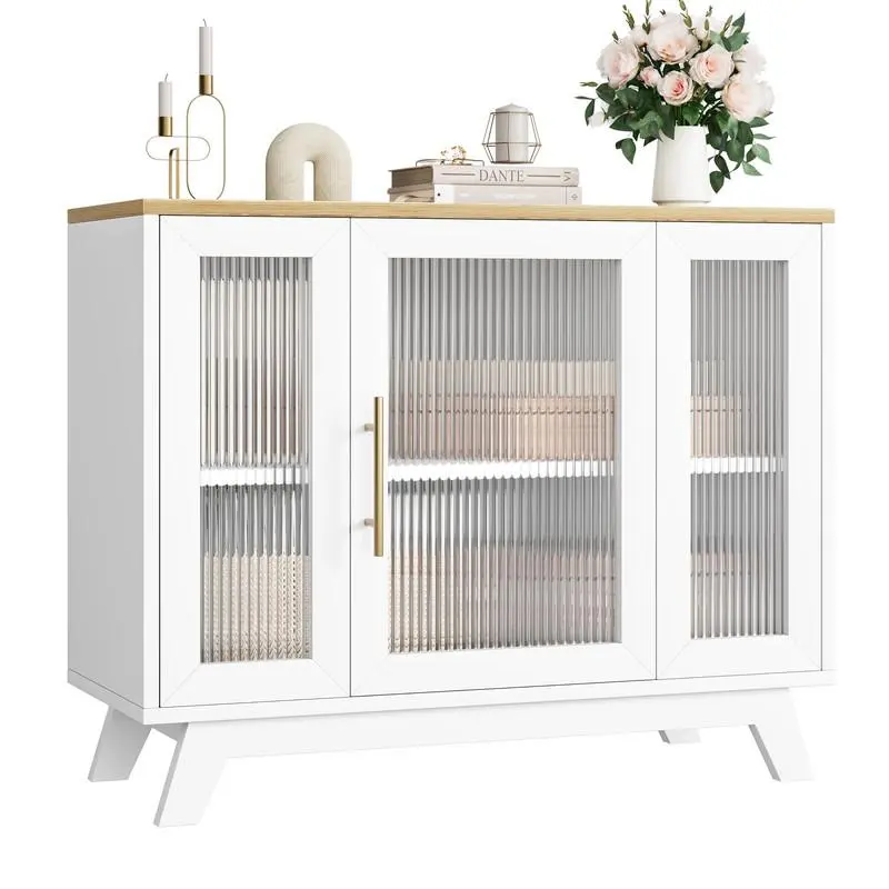 Beige/Khaki Buffet Storage Cabinet with Fluted Glass Door, 36" Modern Sideboard Cabinet with 2-Tier Storage,Accent Cabinet for Kitchen Dining Living Room, Natural Top