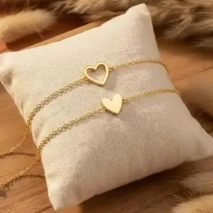 2PCS Adjustable Stainless Steel Heart Cutout Bracelet Set for Women Gold Silver Stackable Heart Charm Friendship Bracelet Perfect Gift for Best Friends Girlfriends