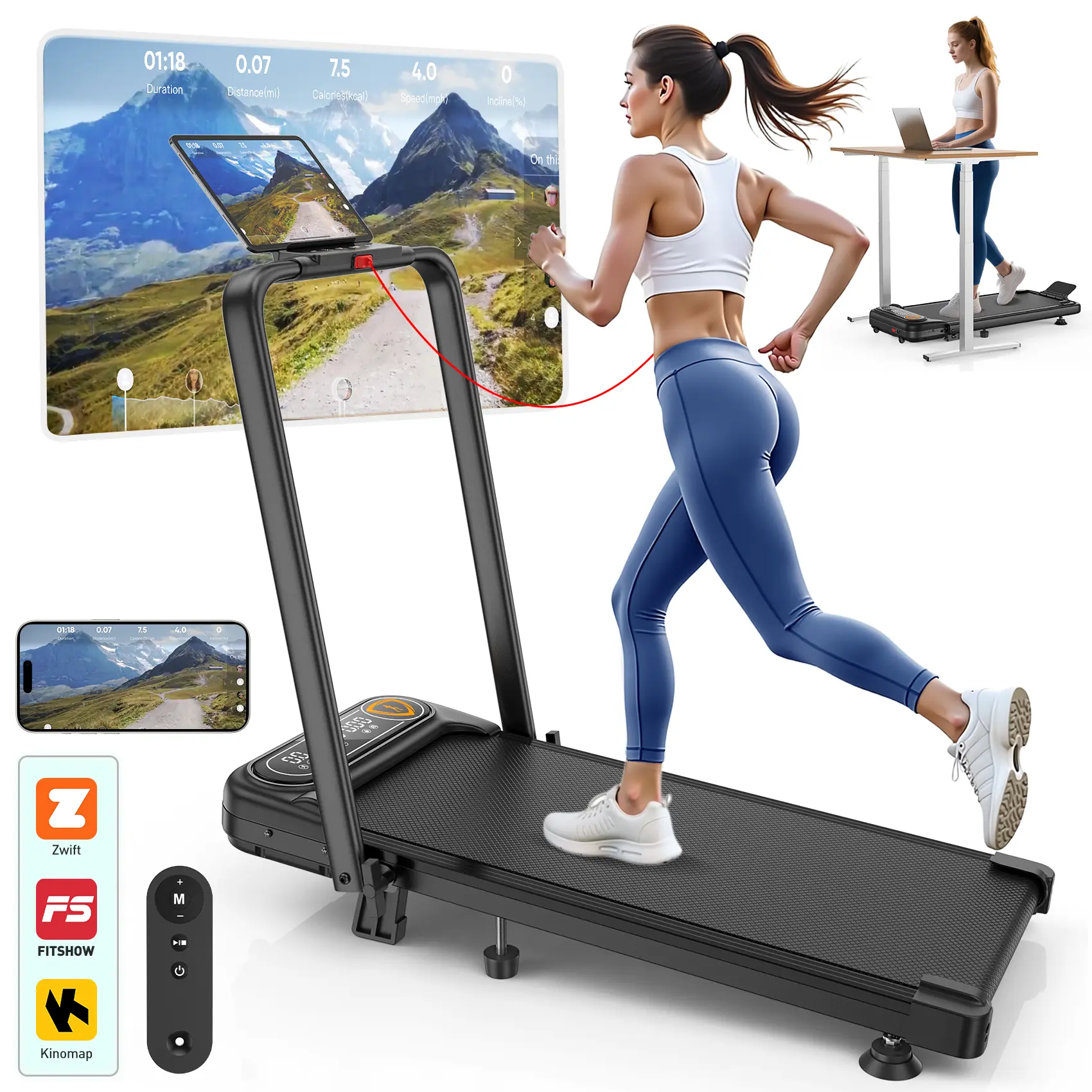 Trisomy Foldable Portable    4 in 1  Walking Pad Treadmill with 10% Adjustable Incline, Upgrade 3.5HP Low Noise Under Desk Treadmill with Handle Bar, 350Lbs Capacity, APP and Remote Control for  Home Gym   Fitness   and Office