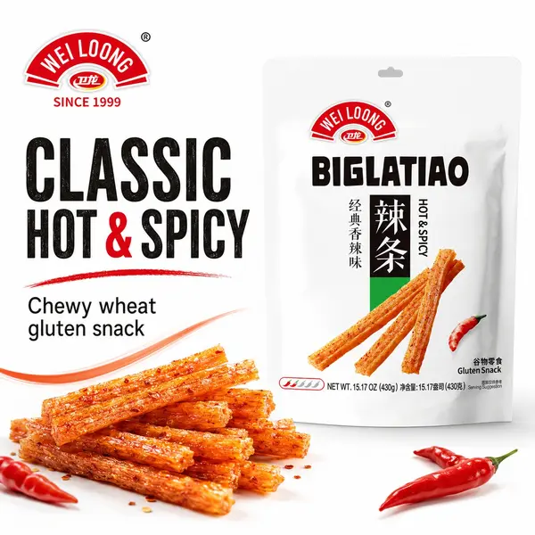 WEILOONG Big Latiao Hot & Spicy – Chewy Spicy Gluten Snack, 430g / 15.17 oz, 15 Packs